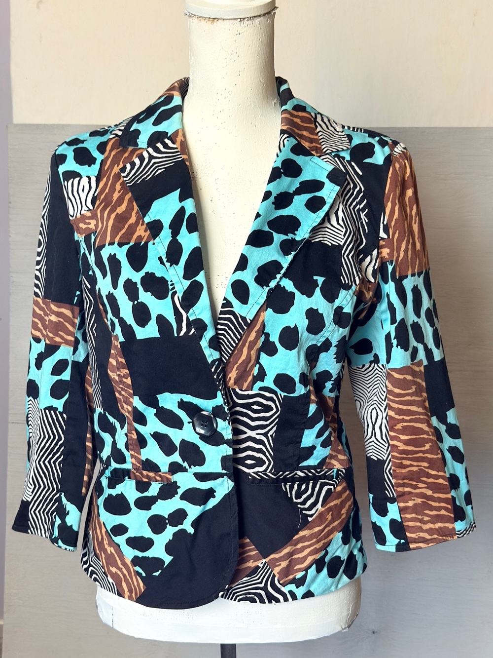 erin london turquoise brown & black patchwork animal-print blazer Women’s M | h